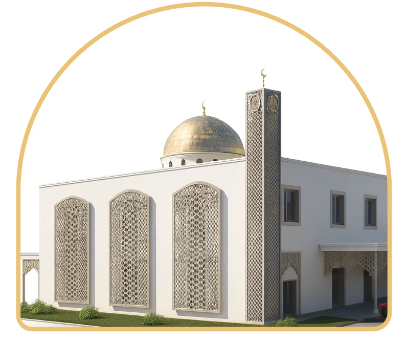 Vue finale de la Mosquée Ismail, avec sa façade claire et son dôme doré.